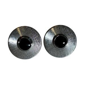 Mid Century silver textured round cufflinks with black enamel centers vintage